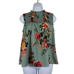 Derek Heart Sage Green Floral Smocked High-Neck Sleeveless Top SzM Soft Romantic